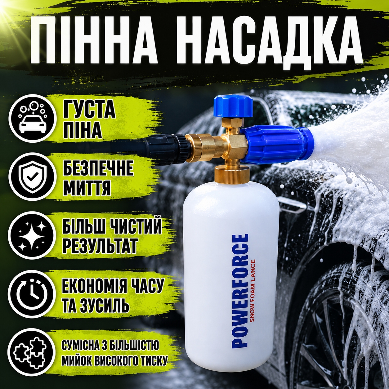 Піноутворювач PowerForce з прозорим бачком 1 літр на білому фоні